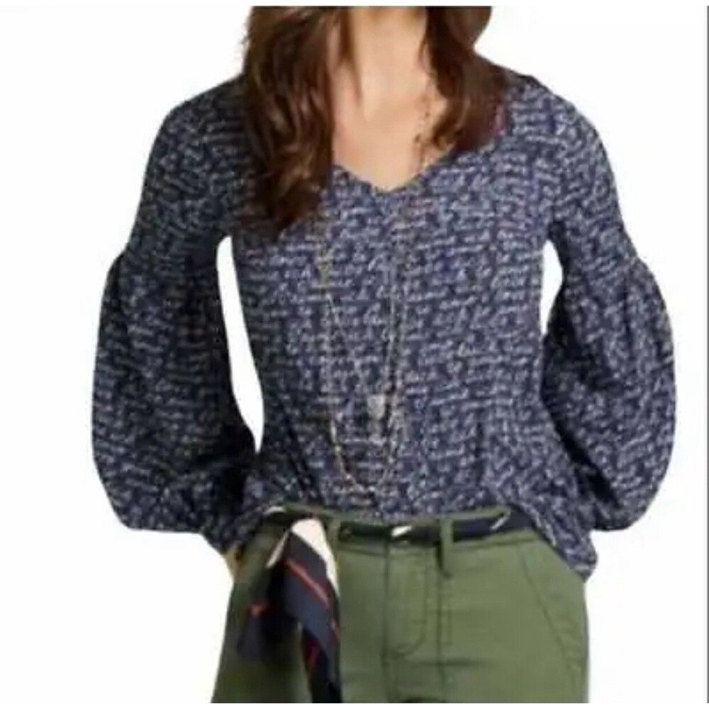 Cabi Womens L Te Amo Navy Script Print Balloon Sleeve V-Neck Peasant Blouse 5336